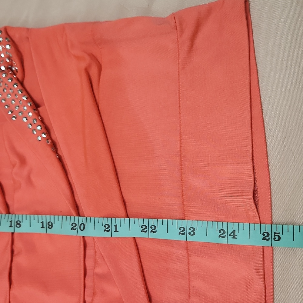Y2K Vintage Deb Strapless Ruched NEON Orange Mini Dress Rhinestones S Party - Picture 11 of 16